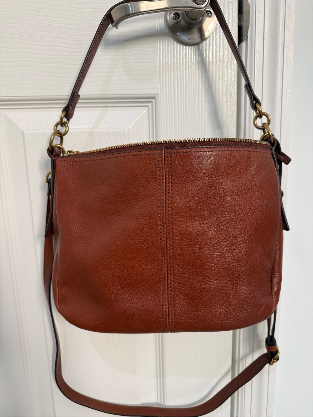 Fossil Brown Woven Leather Crossbody - Multi-Color Chevron + Key Charm - Picture 8 of 10